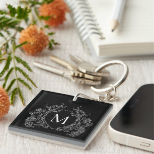 Modern Black and White Floral Crest Monogram Key Ring