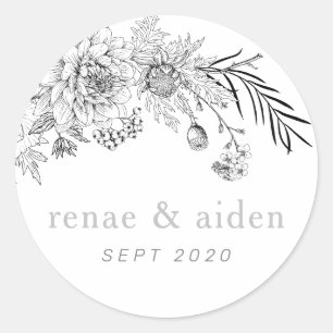 Modern black and white floral favour stickers