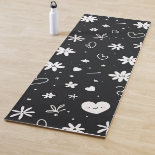 Modern Black and white floral heart cartoon girly Yoga Mat