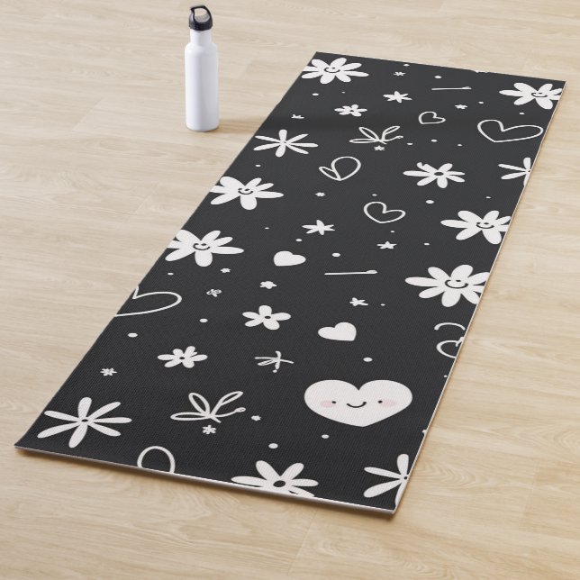 Modern Black and white floral heart cartoon girly  Yoga Mat (In Situ)