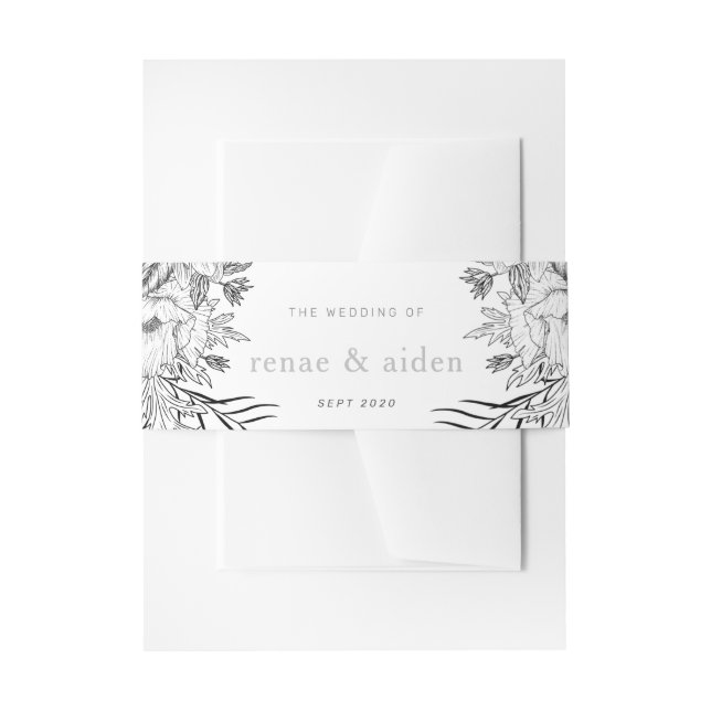 Modern black and white floral invitation belly band (Front Example)