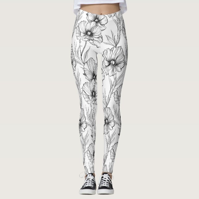 Modern Black and White Floral  Leggings (Front)