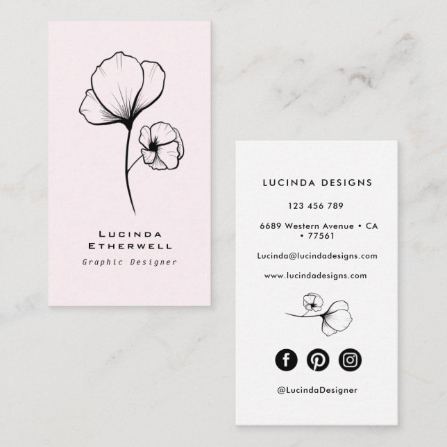 Modern black and white floral line art  business card (Front/Back)