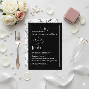Modern Black and White Floral Minimalist Dark Chic Invitation