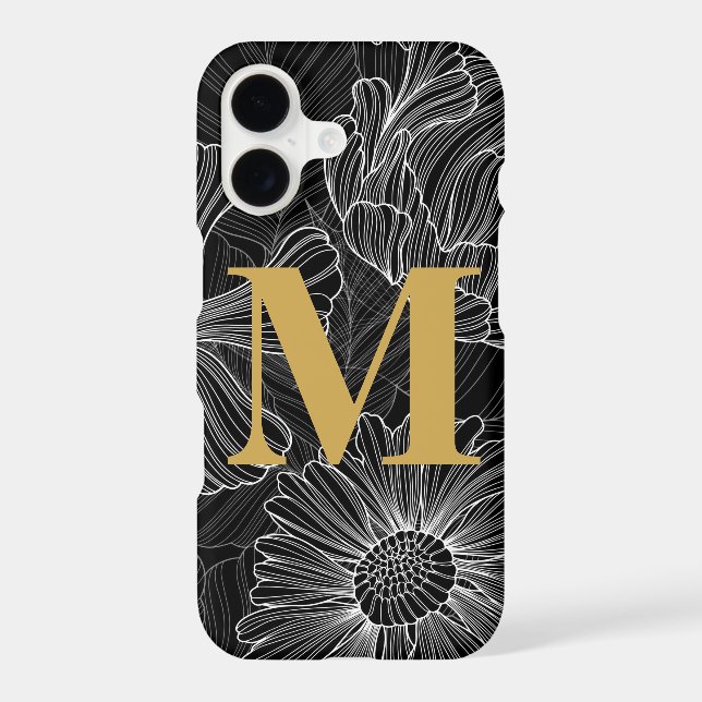 Modern Black and White Floral Monogram Phone Case (Back)