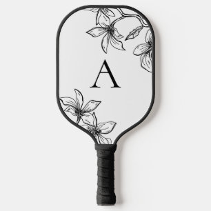 Modern Black and White Floral Monogram  Pickleball Paddle