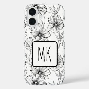 Modern Black and White Floral Monogrammed iPhone 16 Case