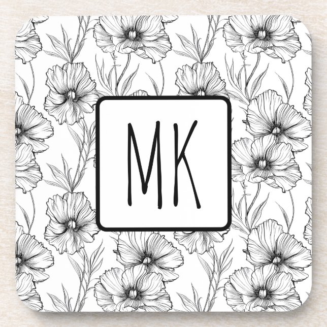 Modern Black and White Floral Monogrammed Coaster (Front)