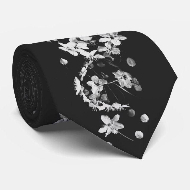 MODERN BLACK AND WHITE FLORAL NECK TIE (Rolled)