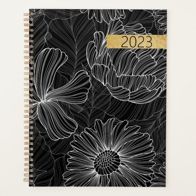 Modern Black and White Floral Spiral Planner (Front)