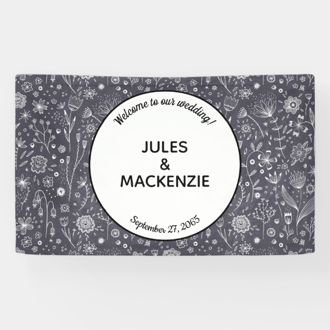 Modern Black and White Floral Wedding Banner (Horizontal)
