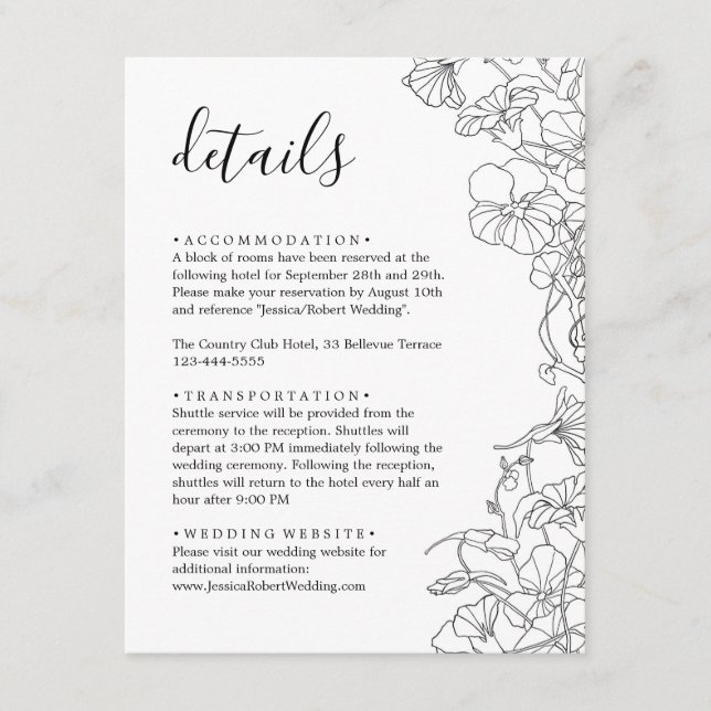 Modern Black and White Floral Wedding Details Enclosure Card (Front)
