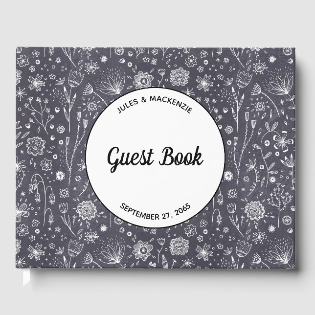 Modern Black and White Floral Wedding Guest Book (Front)