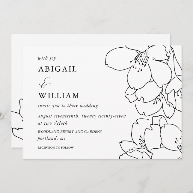 Modern Black and White Floral Wedding Invitation (Front/Back)