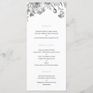 Modern black and white floral wedding menu