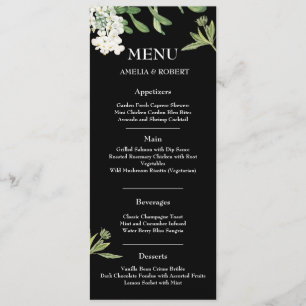 Modern Black and White Floral Wedding Menu Card