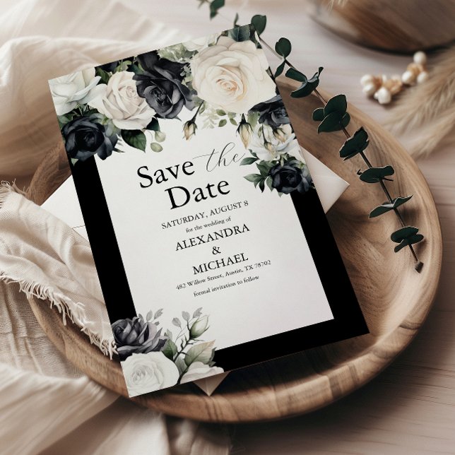 Modern Black and White Floral Wedding Save The Dat Date (Creator Uploaded)