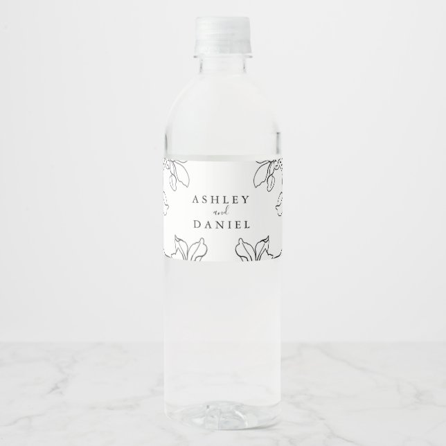 Modern Black and White Floral Wedding Water Bottle Label (Front)