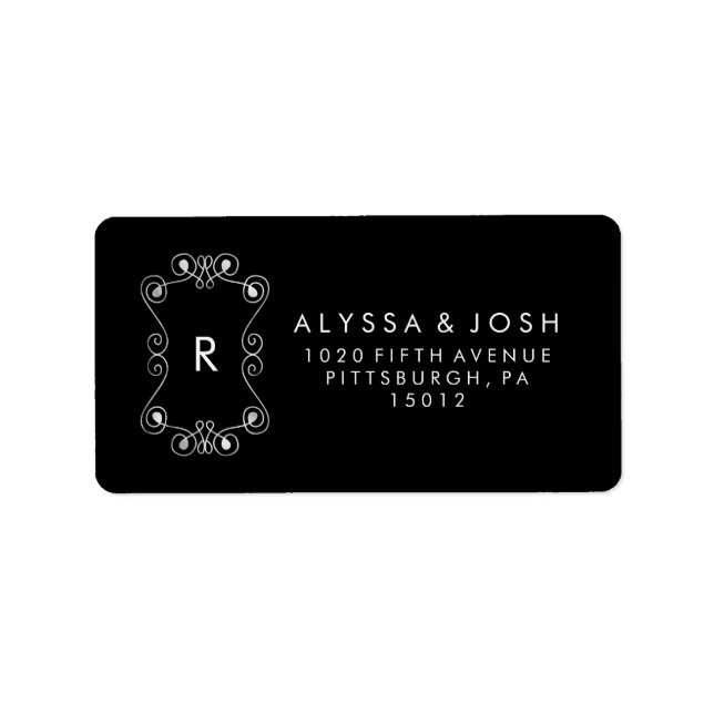 Modern Black and White Flourishes Framed Wedding Label (Front)