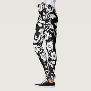 Modern black and white flowers Filigree artwork Leggings