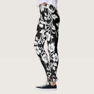Modern black and white flowers Filigree artwork Leggings