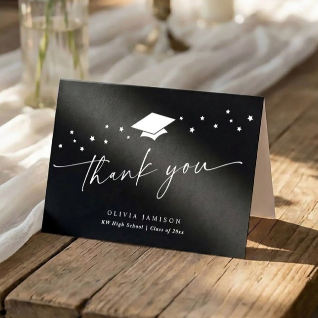 Modern Black and White Folded Graduation Thank You Card (Black and white graduation thank you folded card with script and star accents)