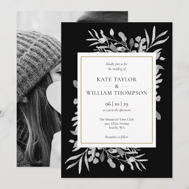 Modern Black And White Foliage Photo Wedding Invitation (Front/Back)