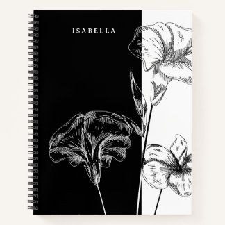 Modern Black and White Foral Personalised Notebook