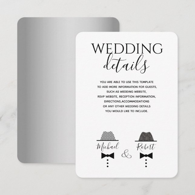 Modern Black and White Gay Wedding Details Card (Front/Back)