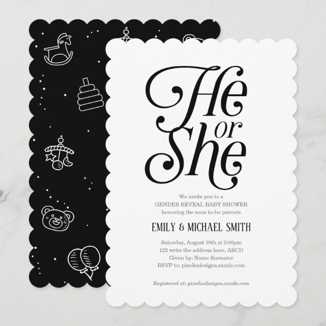 Modern, Black and White, Gender Reveal, He or She Invitation (Front/Back)