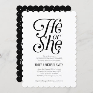 Modern, Black and White, Gender Reveal, He or She Invitation