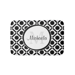 Modern Black and White Geometric Monogram and Name Bath Mat