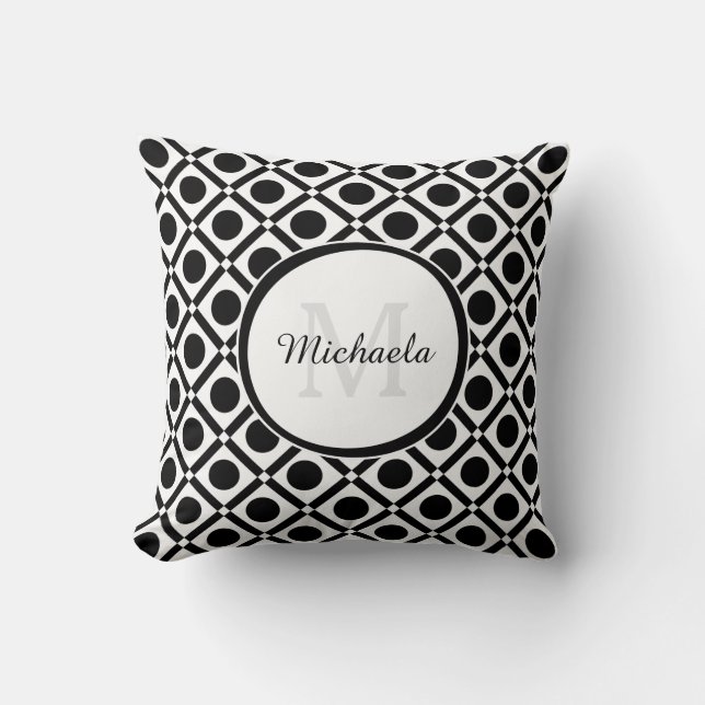 Modern Black and White Geometric Monogram and Name Cushion (Front)