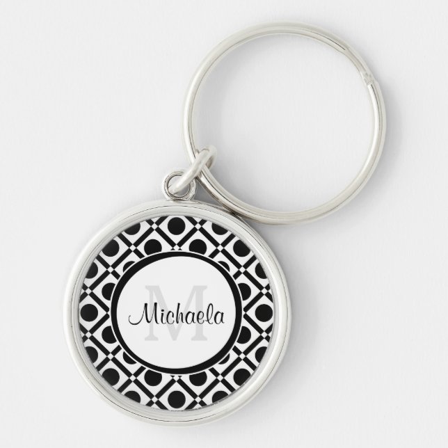 Modern Black and White Geometric Monogram and Name Key Ring (Front)