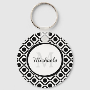 Modern Black and White Geometric Monogram and Name Key Ring