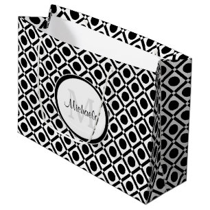 Modern Black and White Geometric Monogram and Name Large Gift Bag