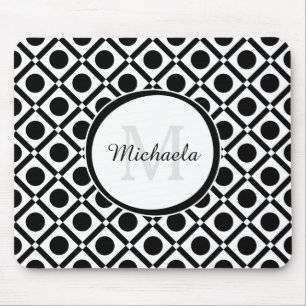 Modern Black and White Geometric Monogram and Name Mouse Mat