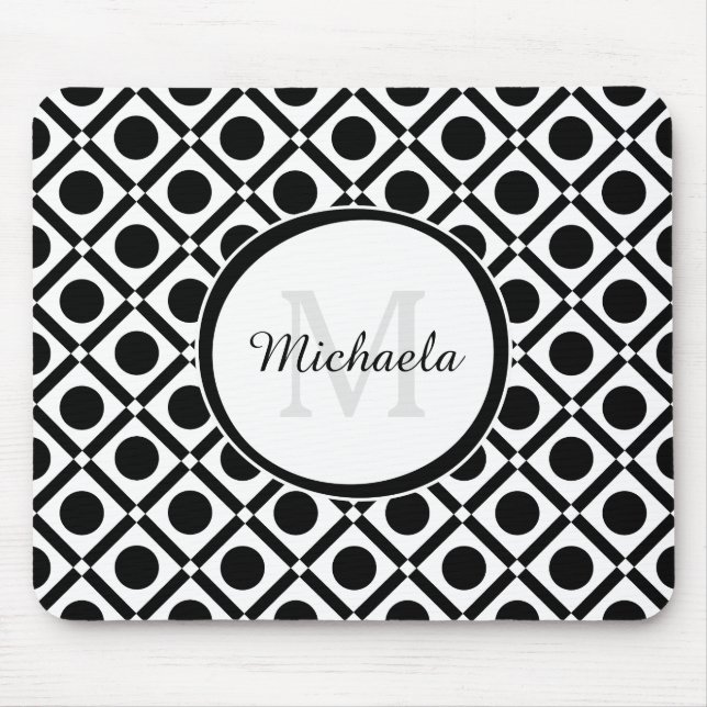 Modern Black and White Geometric Monogram and Name Mouse Mat (Front)