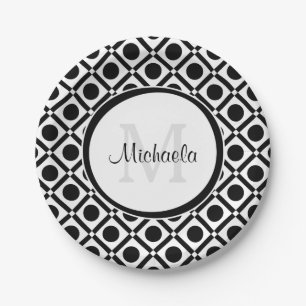 Modern Black and White Geometric Monogram and Name Paper Plate