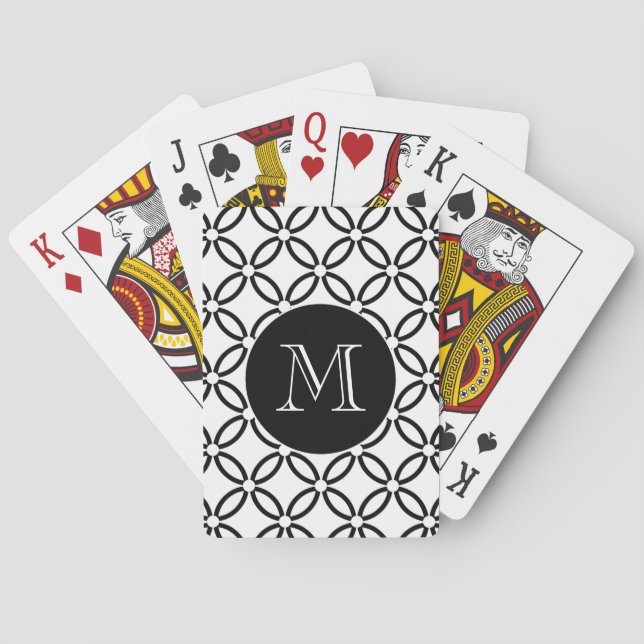 Modern Black and White Geometric Pattern Monogram Playing Cards (Back)