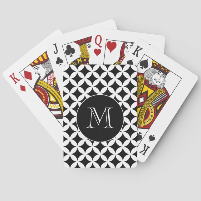 Modern Black and White Geometric Pattern Monogram Playing Cards (Back)