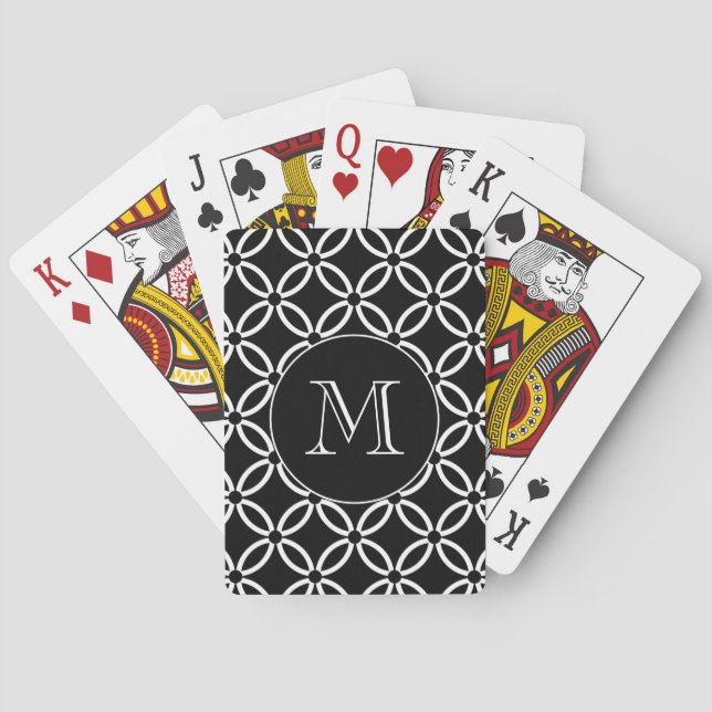 Modern Black and White Geometric Pattern Monogram Playing Cards (Back)