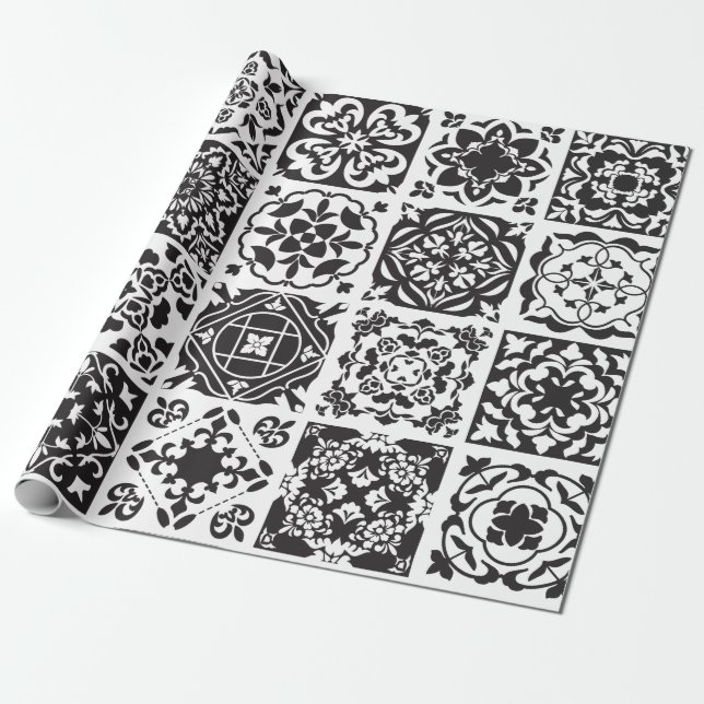 Modern Black and White Geometric Tile Pattern Wrapping Paper (Unrolled)