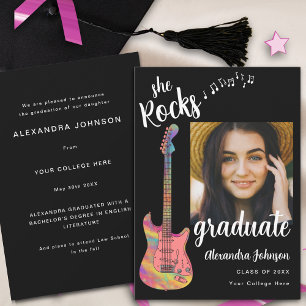 Modern Black and White Graduate Photo Pink Guitar Invitation