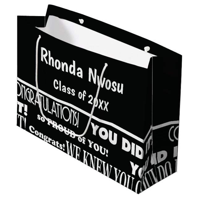 Modern Black and White Graduation Large Gift Bag (Front Angled)