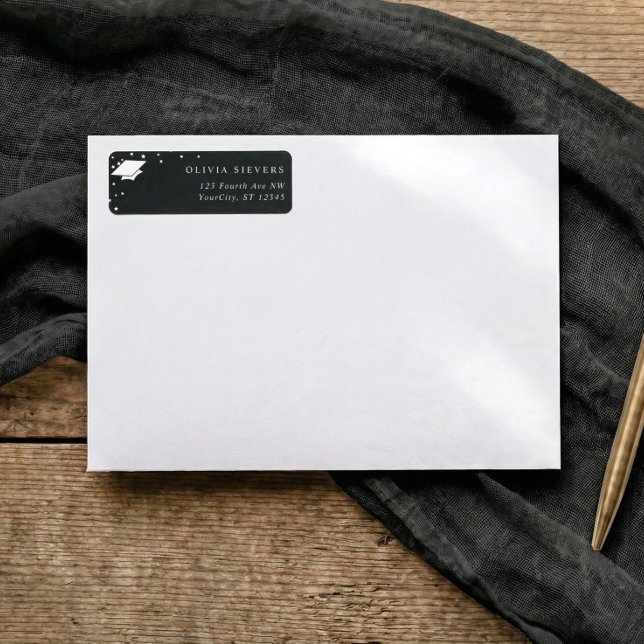 Modern Black and White Graduation Return Address (Modern graduation address labels with graduation cap and star accents)