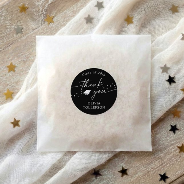 Modern Black and White Graduation Thank You Favor Classic Round Sticker (Black and white graduation thank you stickers with modern script and minimalist design)