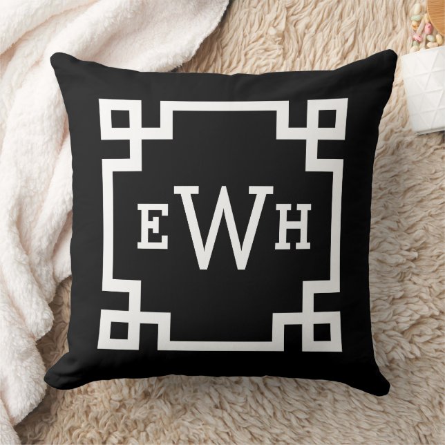 Modern Black and White Greek Key Custom Monogram Cushion (Blanket)