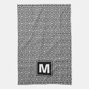 Modern Black and White Greek Key Monogram Tea Towel