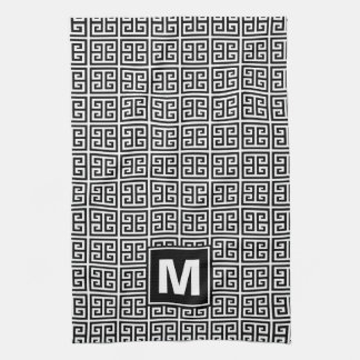 Modern Black and White Greek Key Monogram Tea Towel